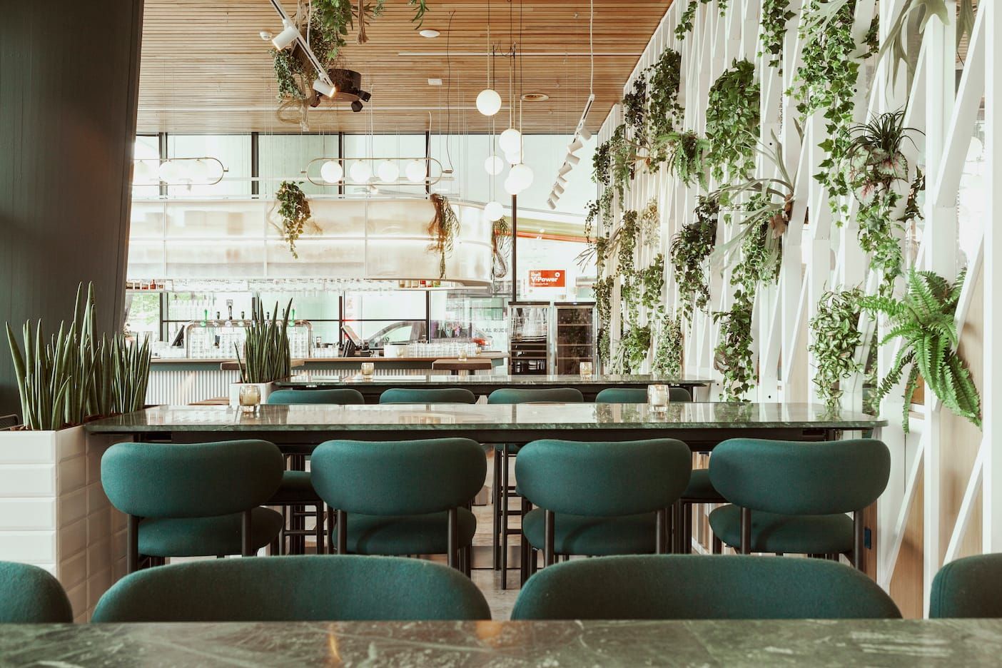 Green upholstered chairs at marble tables facing the plant-covered screen