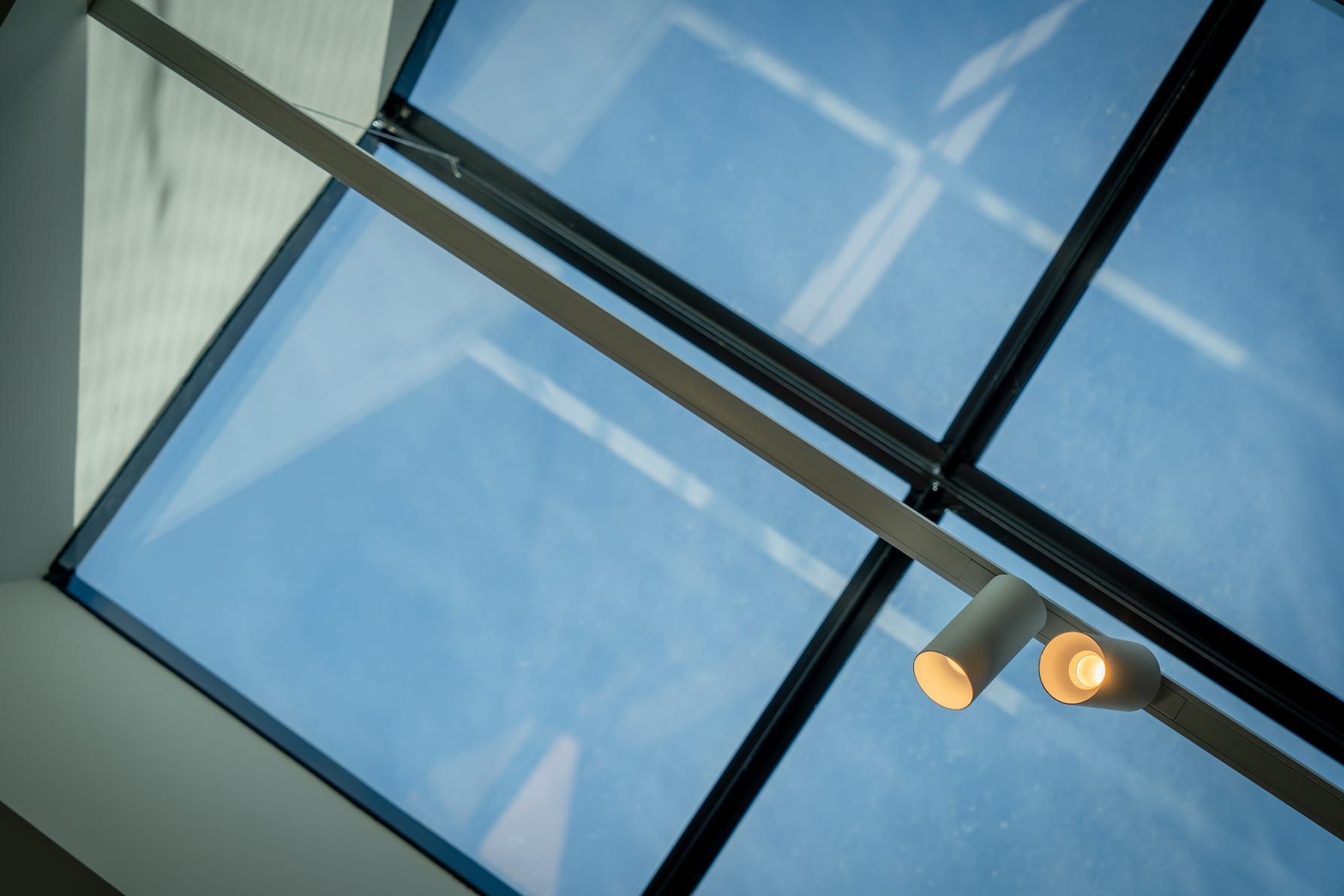 White track spotlights beneath the glass skylight in Interstellar