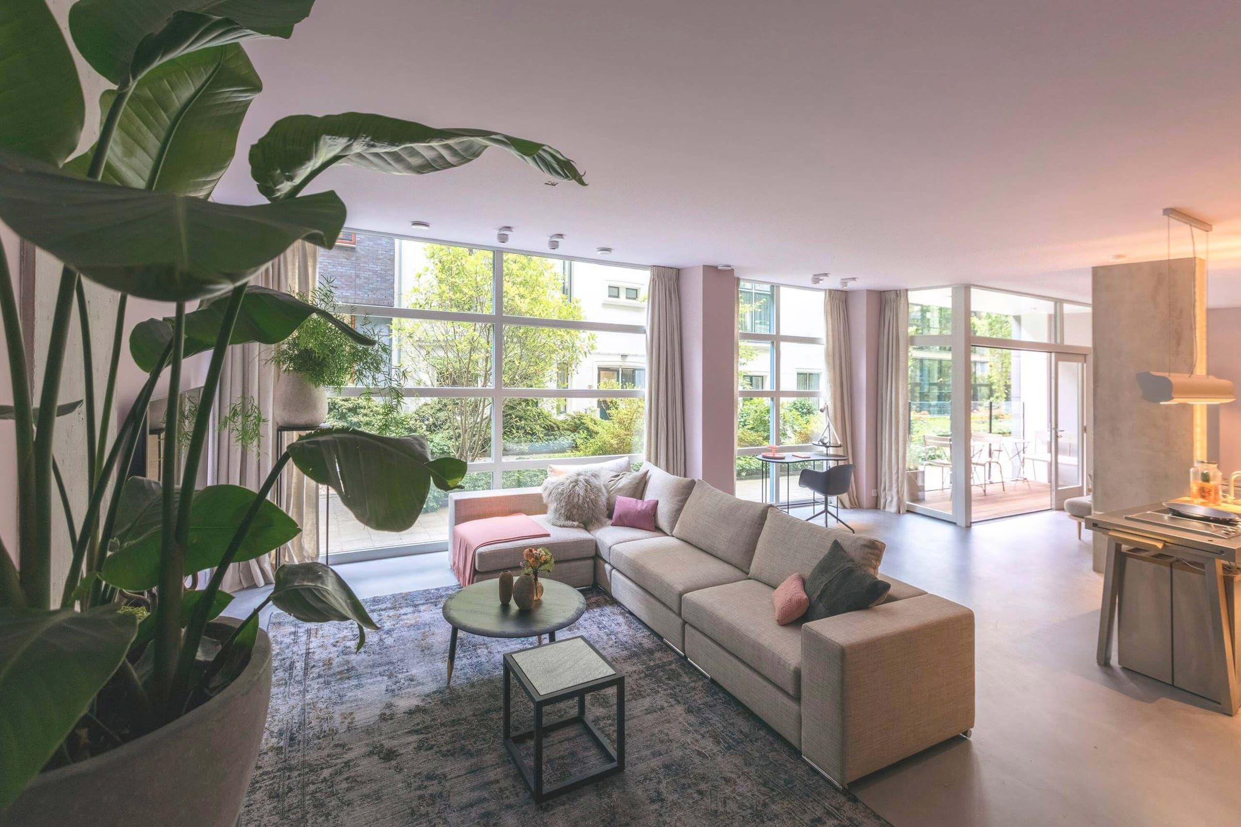 Open living space with corner sofa, large windows and a leafy courtyard view